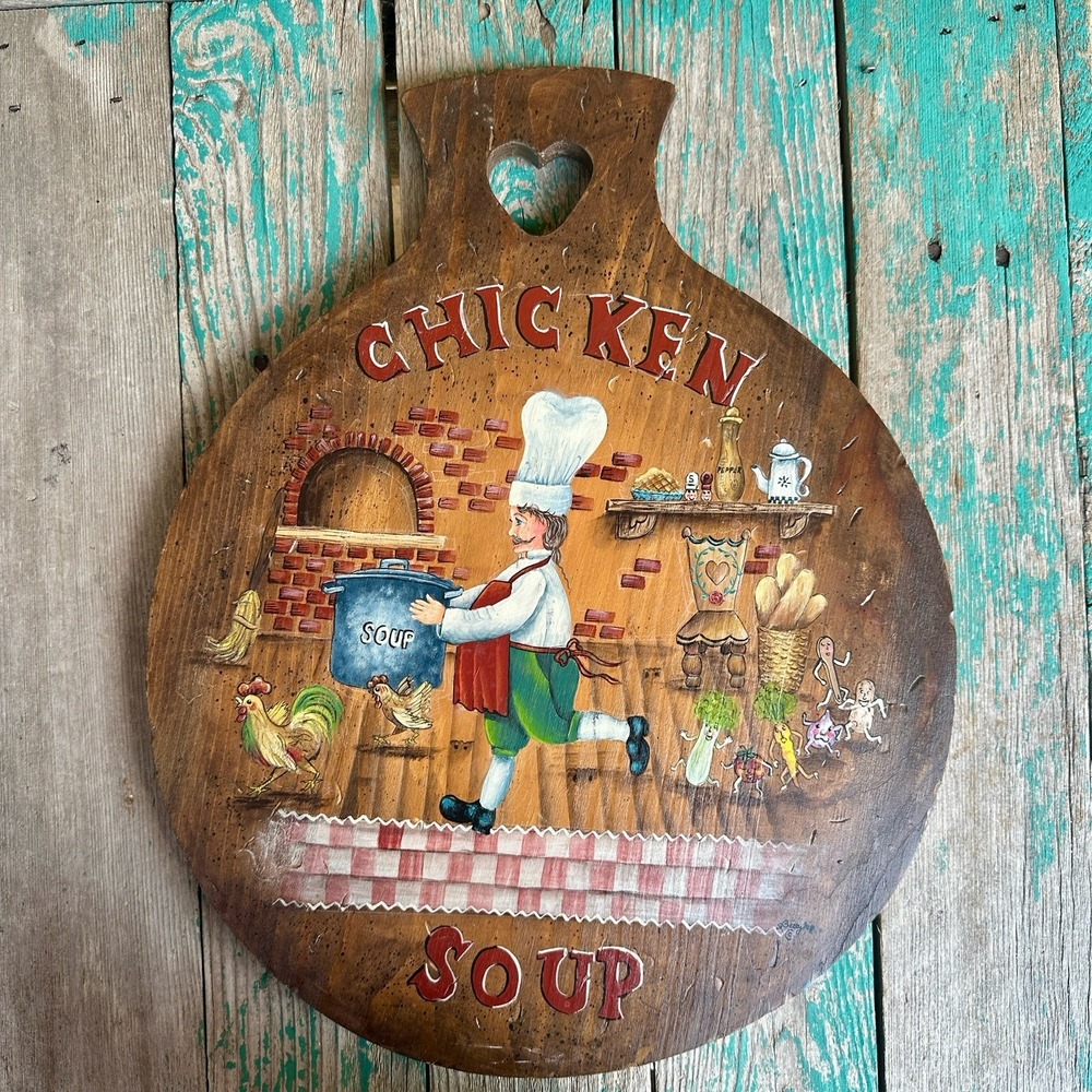 VTG Folk Art Hand Painted Wooden Cutting Board Wall Decor Chicken Soup Signed